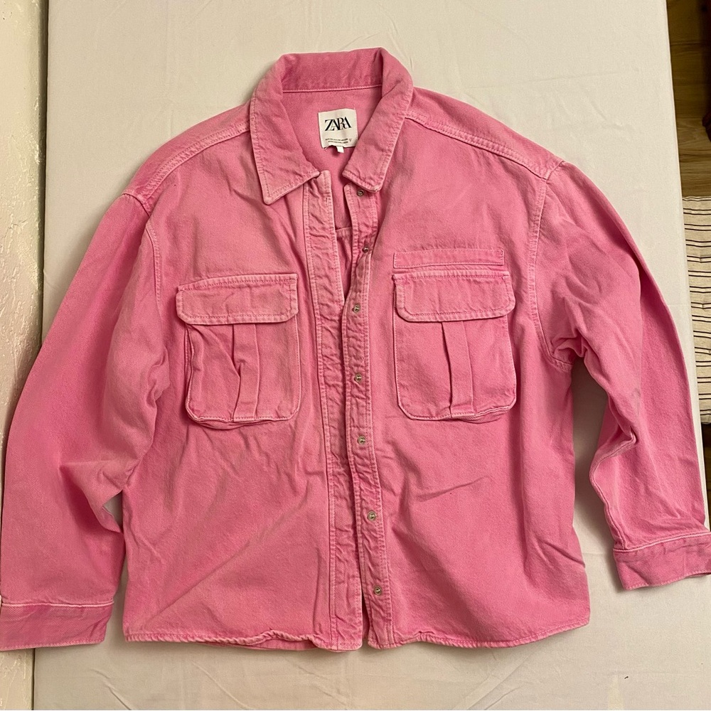 Zara Pink Jean Jacket with Relaxed Fit and Shirt Collar